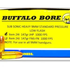 Buffalo Bore Ammunition 9mm Luger Subsonic 147 Grain Jacketed Hollow Point Low Flash Box of 20